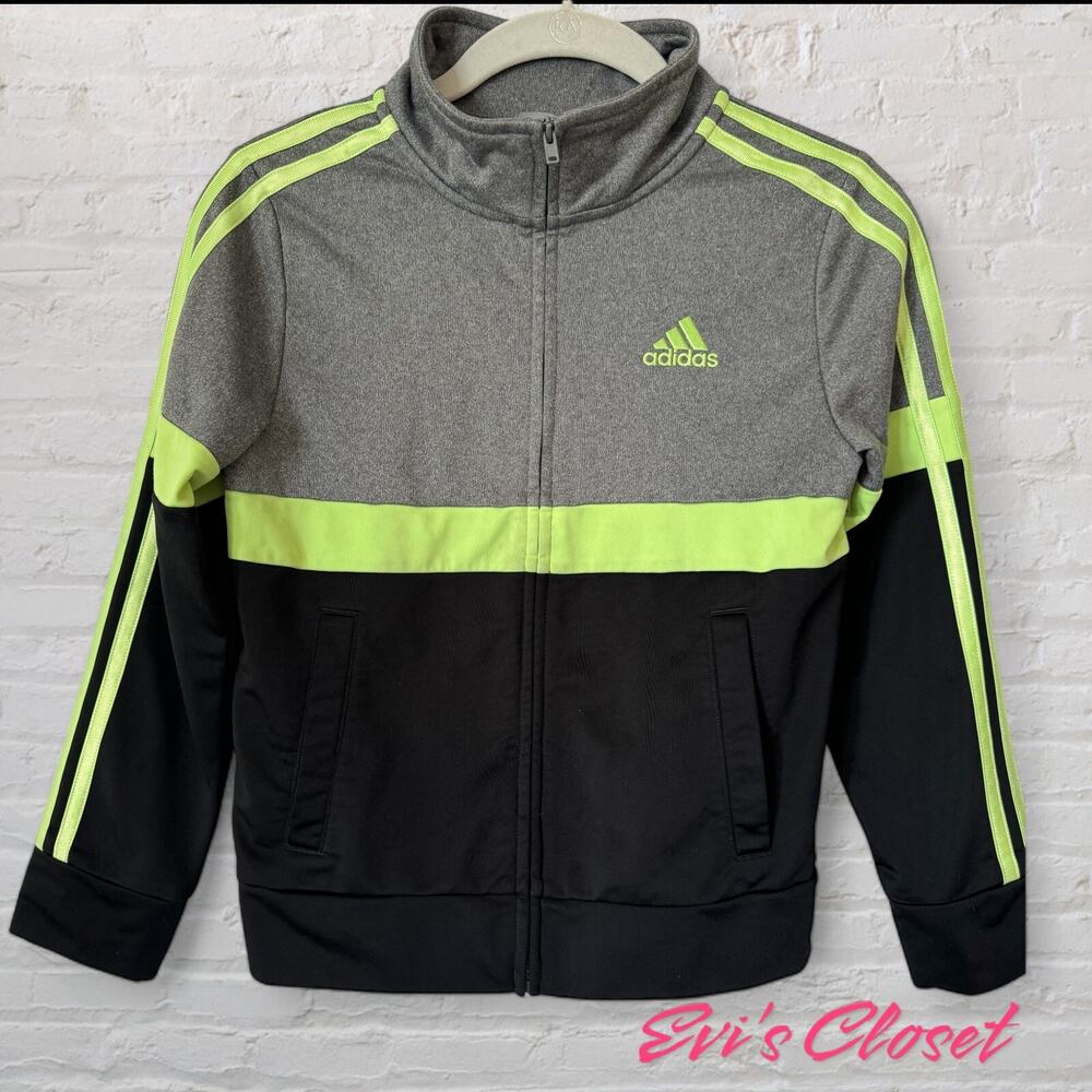Adidas Kids Youth Track Jacket Sz 8 Black Green Grey Full Zip Color Block